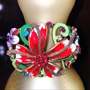 Hinged Jeweled & Floral Enamel Oval Bangle
